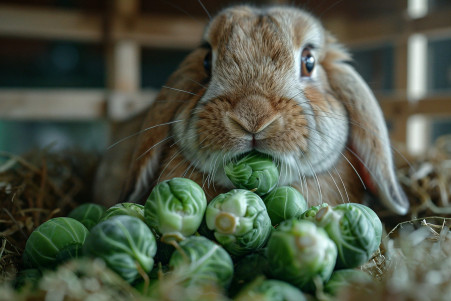 Brown Mini Lop rabbit curiously sniffing brussels sprouts on timothy hay in a warm indoor setting