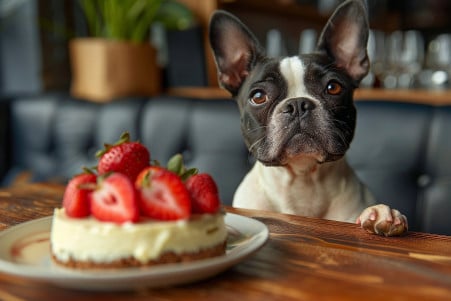 Curious Boston Terrier sitting in front of a strawberry cheesecake in a living room, illustrating dietary temptations for pets