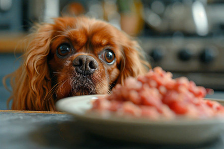 Cavalier King Charles Spaniel eyeing a plate of corned beef with a hesitant expression