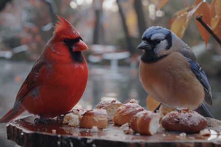 A red cardinal and a blue bird perched hesitantly around bread on a wooden feeder in a tranquil park