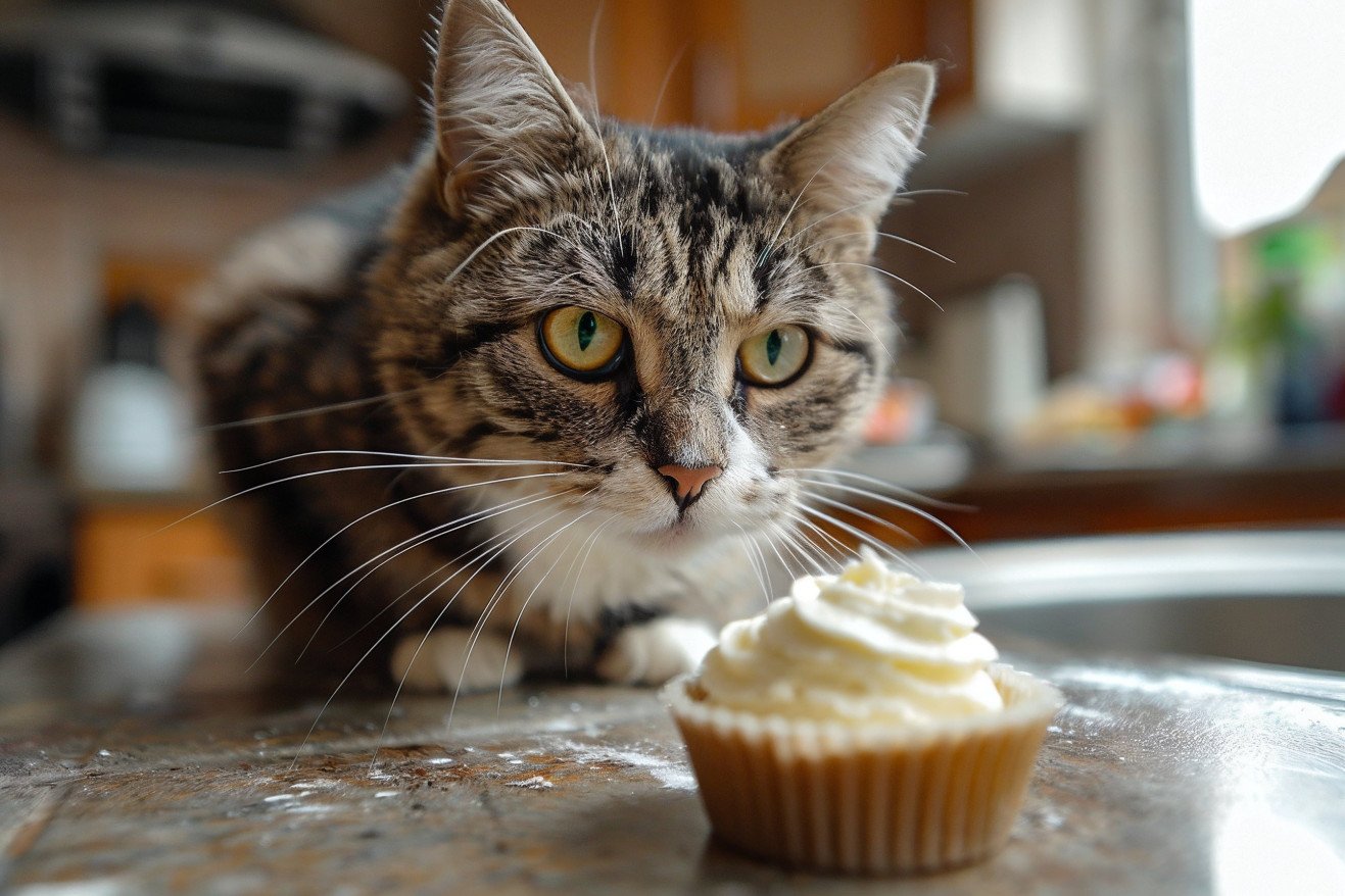 Tabby domestic shorthair cat sniffing at cream cheese on a well-lit kitchen countertop