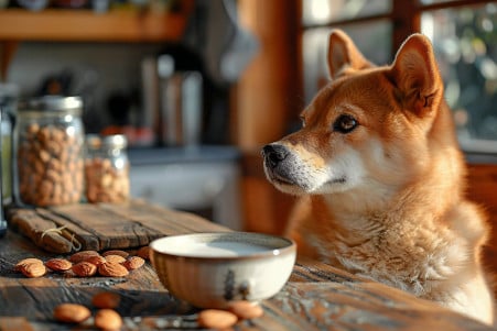 Shiba Inu sitting at a kitchen table, curiously looking at a bowl of milk with almonds, in a warm, naturally lit setting