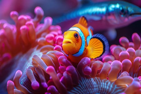 Clownfish nestled in sea anemone tentacles in a coral reef with a barracuda nearby, illustrating predator-prey dynamics