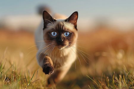 Siamese cat in mid-sprint across a grassy field with motion blur effect and a clear sky