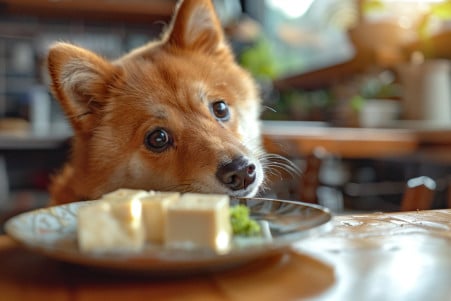 Cute brown dog cautiously examining a piece of tofu on a plate in a modern kitchen