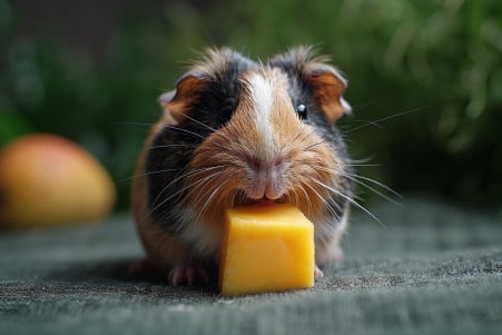 Tricolor Abyssinian Guinea Pig chewing on a piece of mango with a lush green background