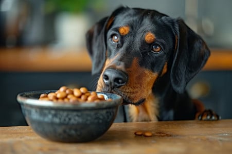 Black and tan dog looking at a small bowl of baked beans on a kitchen countertop