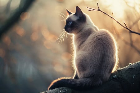 Siamese cat gracefully balancing on a tree branch with its tail, in a tranquil outdoor setting
