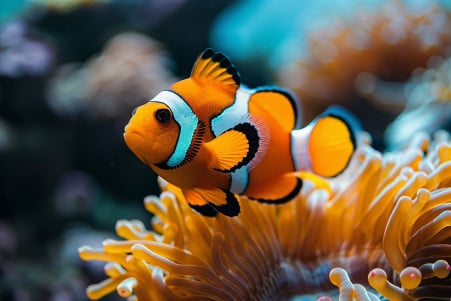 Bright orange clownfish with white stripes swimming near a colorful sea anemone in an aquarium