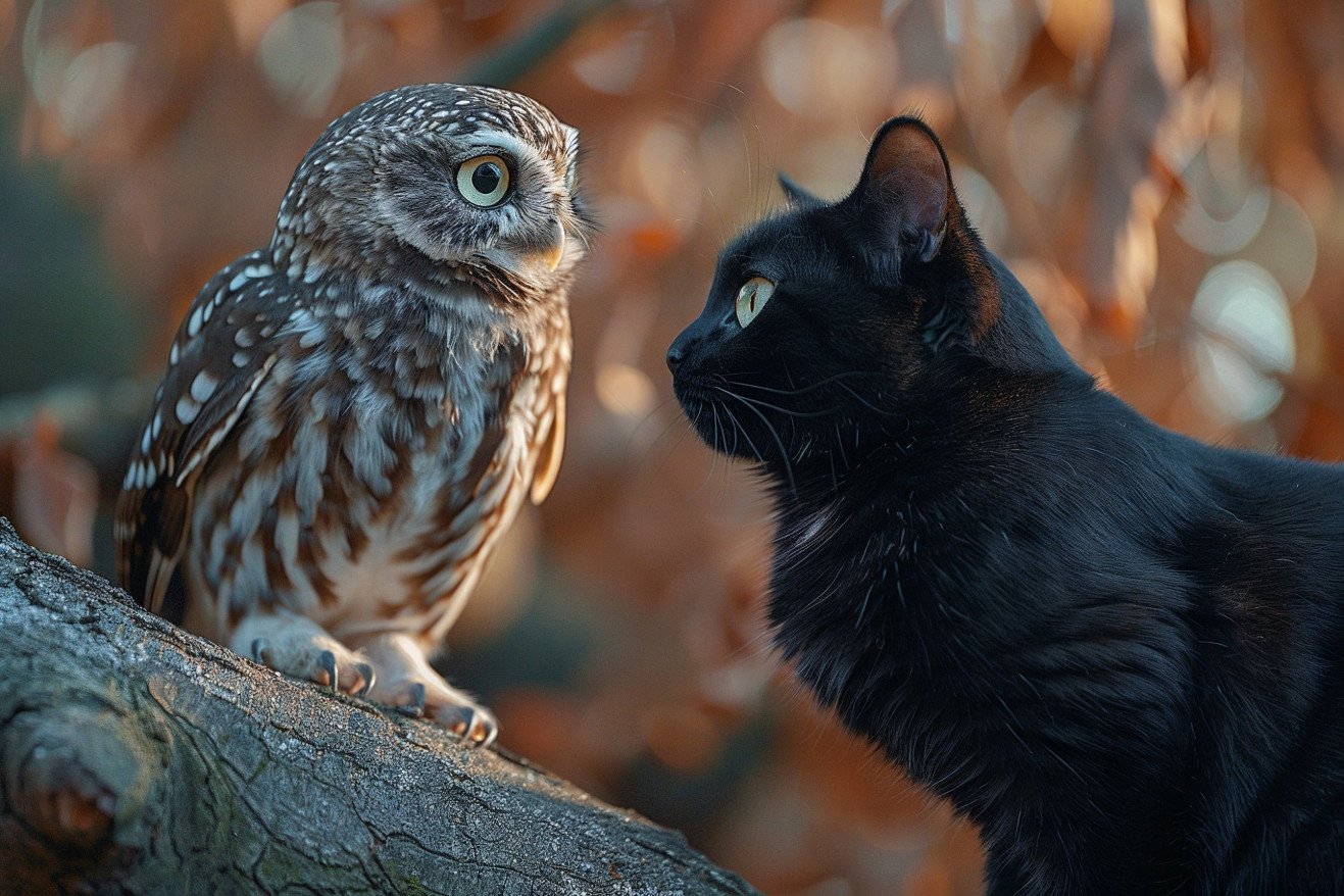 Pale-brown owl perched on a branch looking down at an alert black domestic shorthair cat below