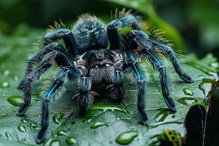 Tarantula on a leafy background with focus on silk strands from spinnerets in dim lighting