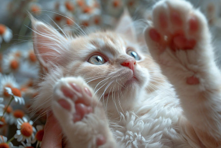 Playful Turkish Angora cat with raised paws as a person strokes its white fur