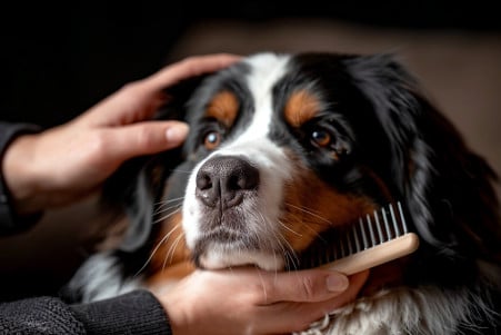 Fluffy Bernese Mountain Dog being brushed by owner in a cozy living room, showing contentment