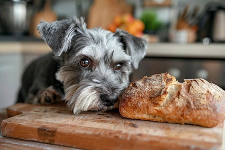 Grey Schnauzer sniffing a loaf of sourdough bread on a rustic wooden table in a blurred kitchen setting