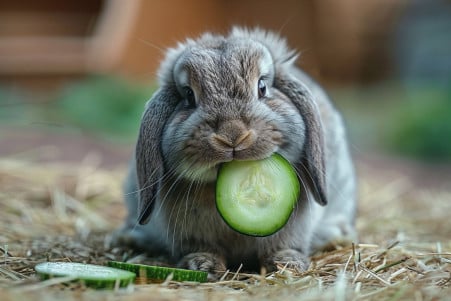 Cute floppy-eared rabbit nibbling on fresh green zucchini on a hay-covered floor