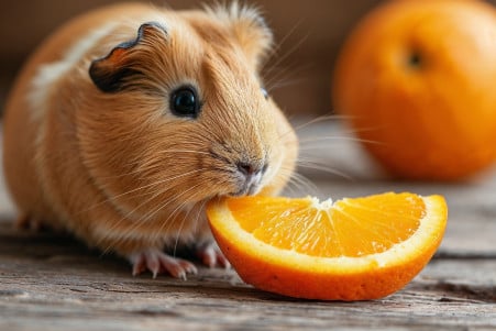 Guinea pig with a small slice of orange in a cozy, natural setting