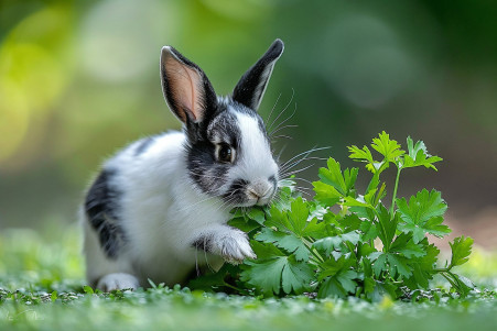 Content Dutch rabbit with black and white markings nibbling on fresh parsley on a grassy patch