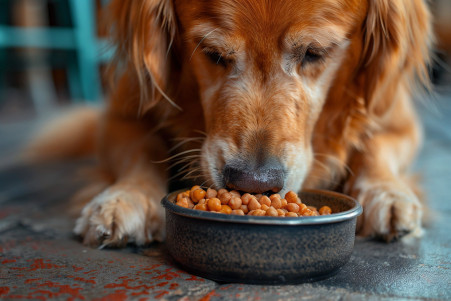 Golden Retriever eating garbanzo beans from a bowl in a well-lit kitchen