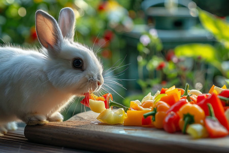 Dwarf Hotot rabbit with black eye rings sniffing chopped bell peppers on a cutting board with a garden background
