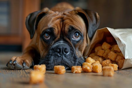 Guilty-looking Boxer dog next to a spilled pack of pork rinds on an indoor background