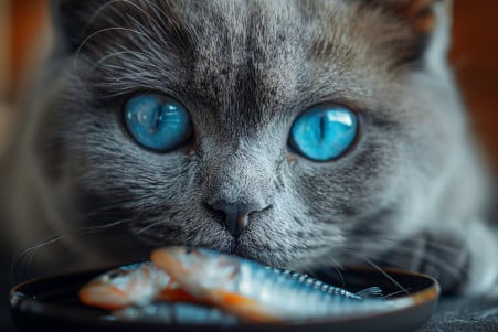 Blue-eyed grey British Shorthair cat sniffing at a plate of sardines indoors