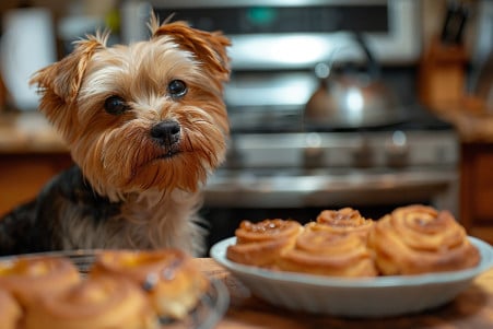 Yorkshire Terrier eyeing cinnamon rolls on a kitchen counter, illustrating the importance of dietary caution