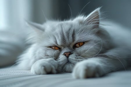White Persian cat with paw on head showing signs of discomfort in a serene indoor setting