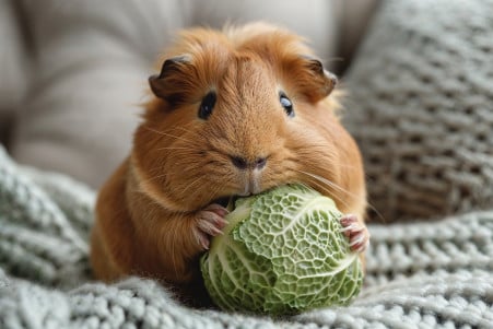 Guinea pig sniffing a cabbage in a cozy indoor setting with natural lighting