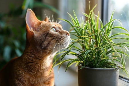 Curious Abyssinian cat looking at a hanging spider plant in a sunny room