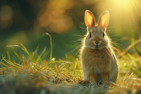 Wild rabbit in a grassy field with ears perked up, under the looming shadow of a bird of prey