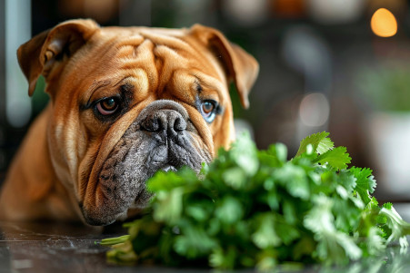 Curious English Bulldog looking at fresh cilantro on a kitchen counter