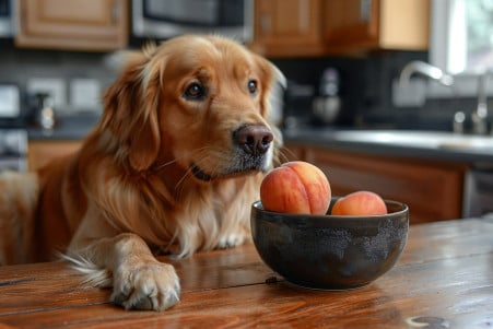 Golden Retriever sniffing a fresh apricot next to its food bowl in a sunny kitchen