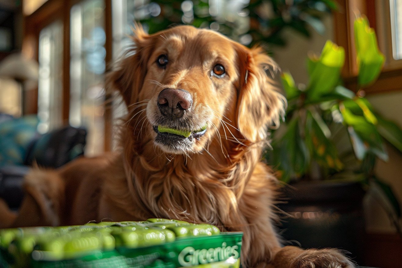 Cheerful Golden Retriever gnawing on a Greenies dental treat in a sunny living room