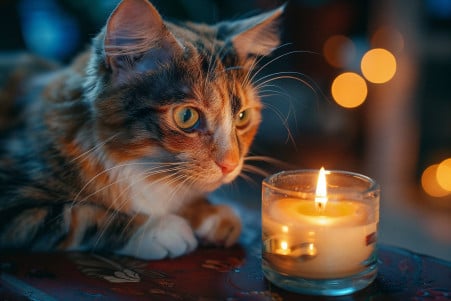 Calico cat with focused eyes observing a candle flame from a distance in a dimly lit room