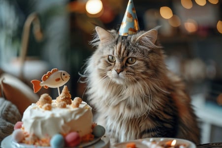 Fluffy Persian cat wearing a birthday hat sitting in front of a fish-shaped cake with festive decorations