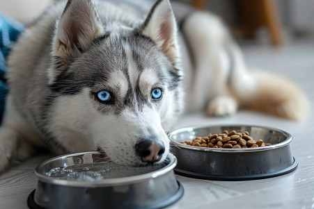 Siberian Husky with blue eyes drinking water and ignoring food in a cozy living room