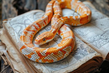 Corn snake with leg-like remnants on an open book about snake evolution