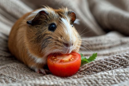 Happy guinea pig eating a small slice of tomato in a cozy indoor setting