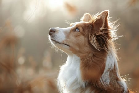 Tranquil brown Border Collie gazing upwards with a serene expression against a mystical soft-lit background