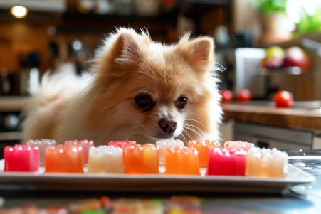 Curious Pomeranian sniffing a colorful homemade gelatin treat on a kitchen counter