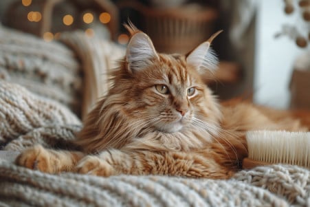 Maine Coon cat being groomed by its owner, focusing on its face and the brush in a cozy indoor setting