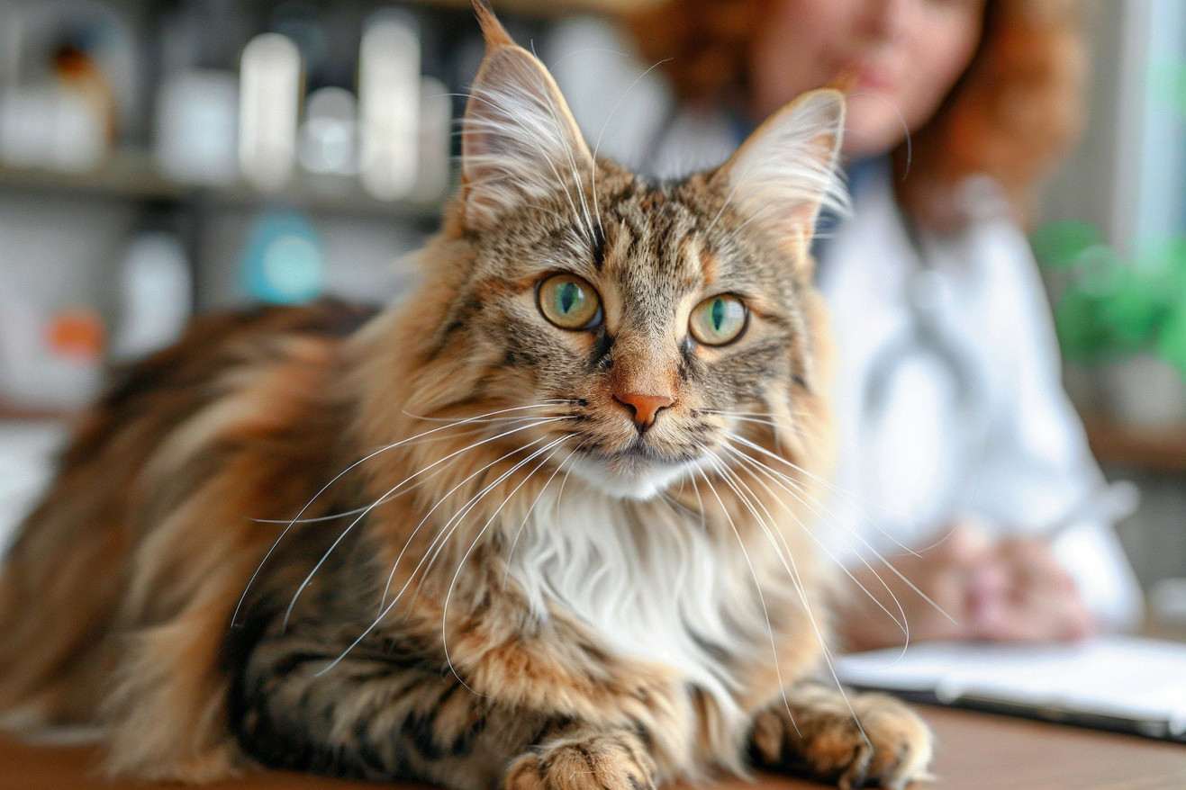 Mature long-haired Maine Coon cat sitting calmly by a veterinarian in a clinic