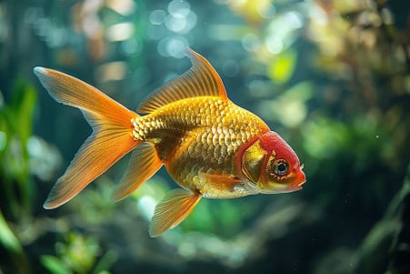 Vibrant orange goldfish swimming in a tank with aquatic plants, symbolizing health and growth potential