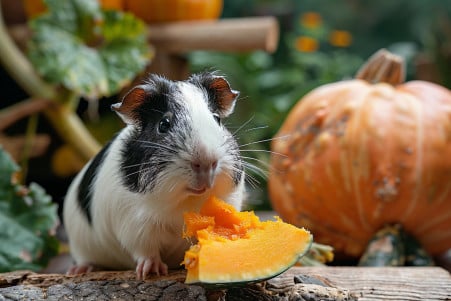 Black and white Guinea Pig munching on a slice of pumpkin in a garden