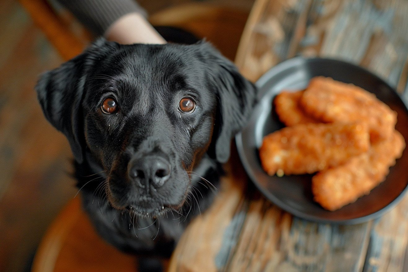 Concerned owner holding fish sticks away from an excited black Labrador in a home kitchen