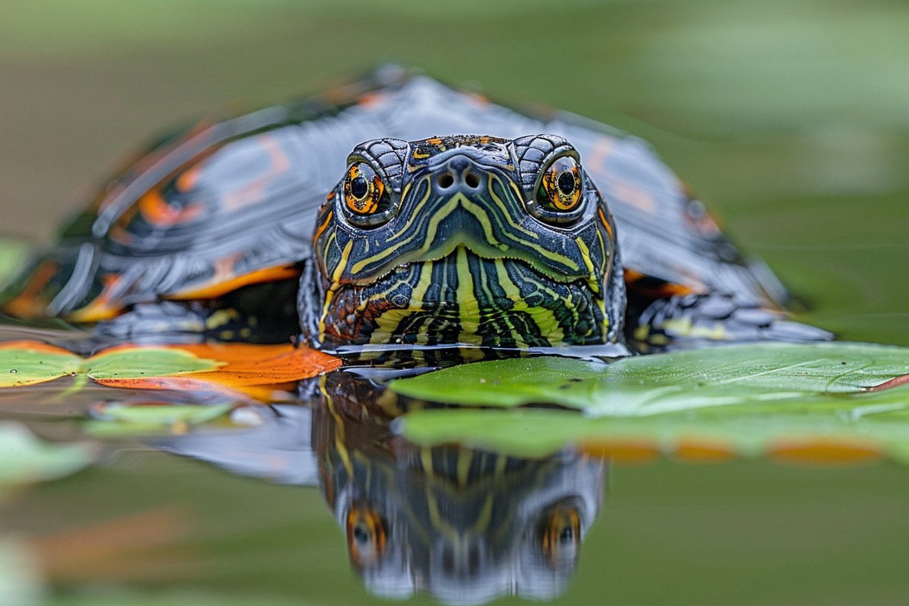 Box Turtle partially submerged in water among green aquatic plants, with a focus on its colorful shell