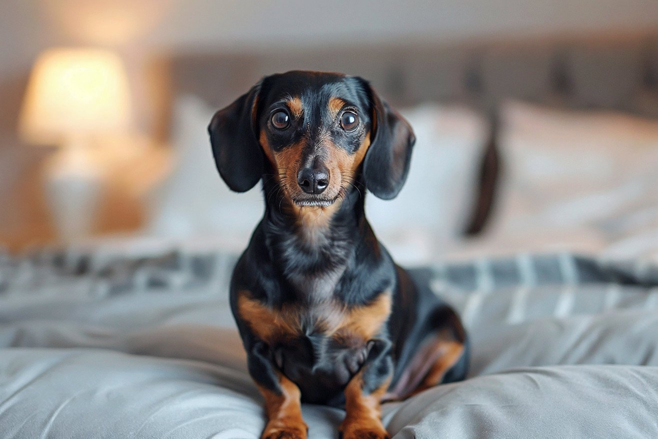 Dachshund sitting on a cozy bed with a wet spot, looking innocent in a warmly lit room