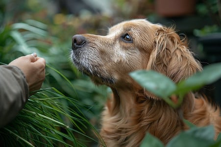 Concerned owner guiding their Golden Retriever away from a lemongrass plant in a serene garden