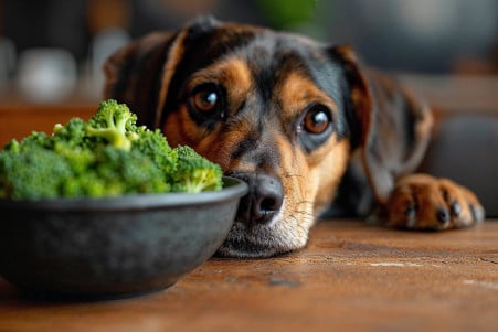 Dog looking at a bowl of broccoli in a kitchen setting with sharp focus