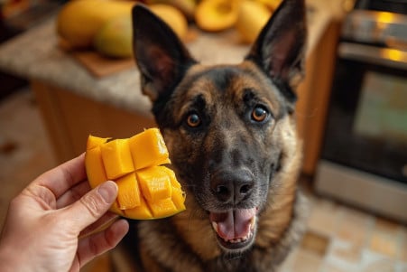 Belgian Malinois eager to eat a slice of mango held by a person, with a whole mango and knife on the kitchen counter behind
